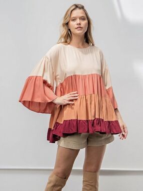 Easel Tiered Ruffle Peasant Blouse Small Beige Rust Maroon Colorblock Top Size